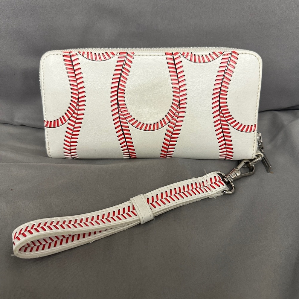 Baseball Seam Pattern Zip-Around Wallet with Wristlet Strap